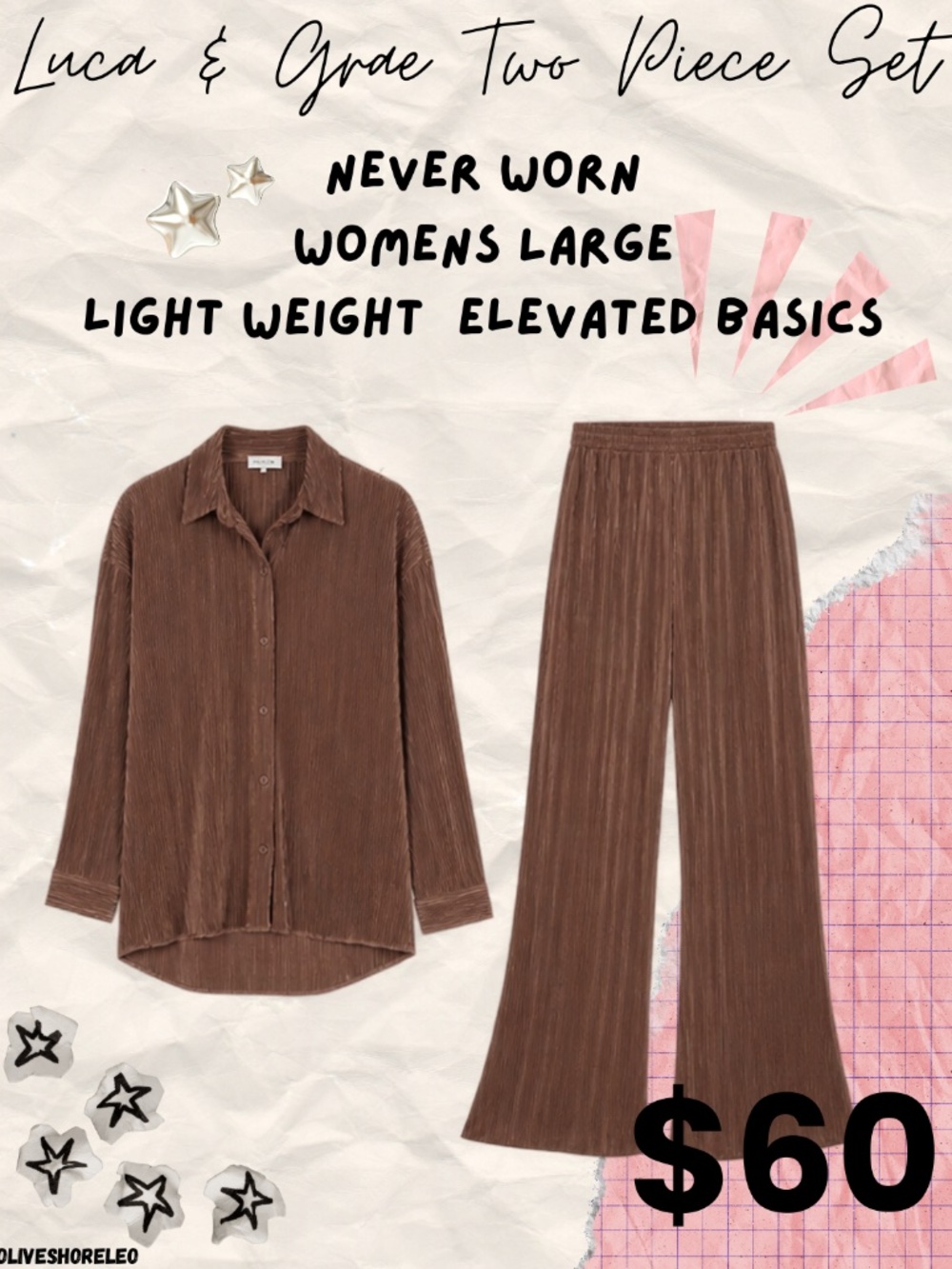 Luca + Grae Brown Pleated Button Down Wide Leg Pants Set